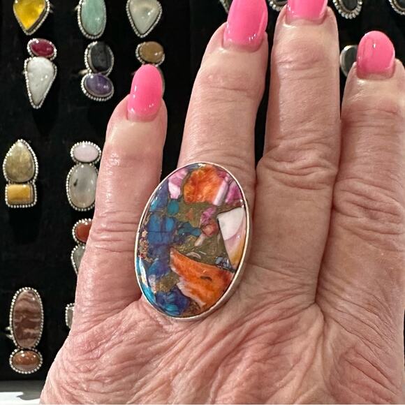 Orange blue pink  Spiny oyster solid sterling silver 925 ring handmade size 7 - Picture 6 of 8